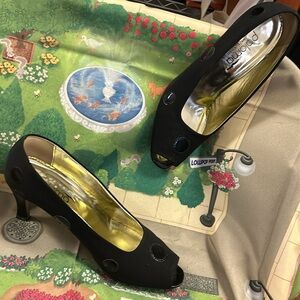 👠Paloma vintage black patent silk patent leather polka dot heels open toe heels